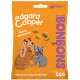 Sac de friandises pour animaux de compagnie orange vif avec un chien et un chat de dessin animé, étiqueté "Edgard Cooper," "Petits morceaux," et "50G," friandises faibles en calories.
