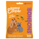 Sac de friandises pour animaux de compagnie orange vif avec un chien et un chat de dessin animé, étiqueté "Edgard Cooper," "Petits morceaux," et "50G," friandises faibles en calories.