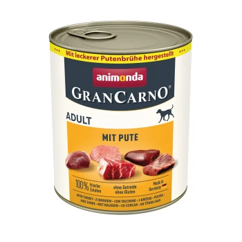 Dosen-Hundefutter mit der Bezeichnung "GranCarno Adult mit Pute", das frische Fleischzutaten enthält, glutenfrei, hergestellt in Deutschland.