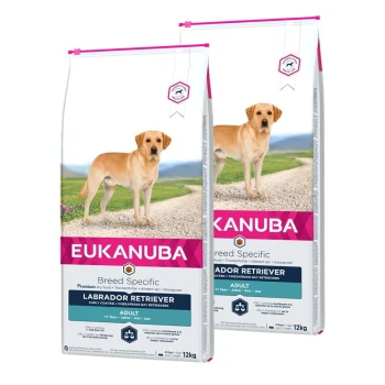 Eukanuba rassespezifisches Hundefutter für Labrador Retriever, 12 kg Beutel, gekennzeichnet für erwachsene Hunde mit einem Bild eines Labradors auf der Vorderseite.