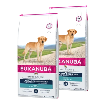 Eukanuba rassespezifisches Hundefutter für Labrador Retriever, 12 kg Beutel, gekennzeichnet für erwachsene Hunde mit einem Bild eines Labradors auf der Vorderseite.