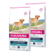 Nourriture pour chiens Eukanuba spécifique à la race pour Labradors, sacs de 12 kg, étiquetés pour chiens adultes avec une image d'un Labrador sur le devant.
