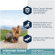 Yorkshire Terrier auf einem Weg, der Vorteile hervorhebt: Beta-Carotin für Immunität, Rübenpulver und Probiotika für die Verdauung, Calcium für die Knochen.