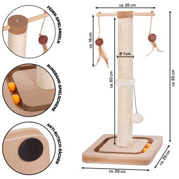 Kratzbaum für Katzen mit hängenden Spielzeugen, Abmessungen beschriftet: Höhe 65 cm, Basis 29 cm, mit rutschfesten Pads und einem Spielbereich mit Bällen.