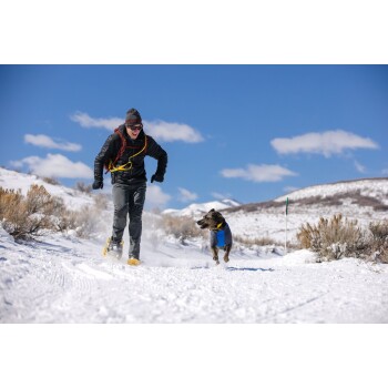 Eine Person in Winterkleidung läuft durch den Schnee mit einem Hund, der einen blauen Mantel trägt, umgeben von einer schneebedeckten Landschaft und Bergen.
