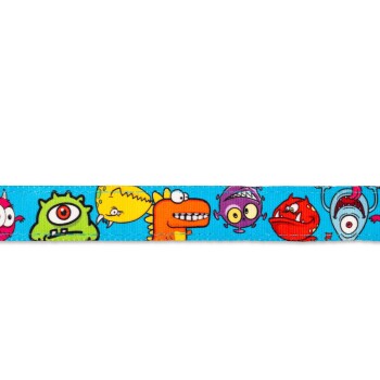 Blaues Haustierhalsband mit bunten Cartoon-Monstergesichtern in Grün, Gelb, Orange, Lila, Rot und Grau.