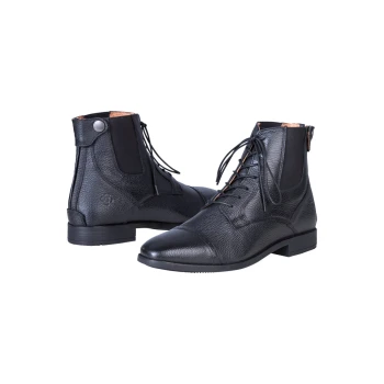 Schwarze Leder-Ankle-Boots mit strukturiertem Finish, mit Schnürsenkeln und einem seitlichen elastischen Einsatz, aus einem schrägen Blickwinkel angezeigt.