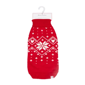 Red dog sweater with white snowflake and heart pattern, labeled "Harry Barker," medium size, on a white hanger.