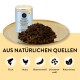 Eine Dose "Vitality Body Treats" für Haustiere, die dunkle Snacks auf einem goldenen Teller zeigt, mit Zutaten wie Fisch, Huhn und Katzenminze.