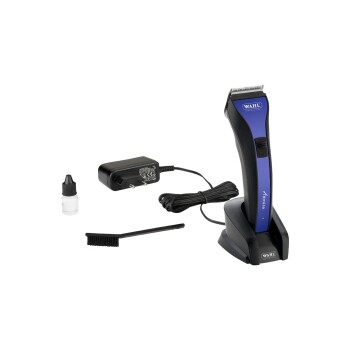 Wahl-Haustierpflege-Schneider-Set mit einem kabellosen Schneider in Schwarz und Blau, Ladegerät, Ölflasche und Reinigungsbürste auf einem weißen Hintergrund.