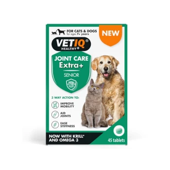 VetIQ Healthy+ Joint Care Extra+ Senior tablets for cats and dogs 7+ years, improves mobility, aids joints, eases stiffness, 45 tablets.