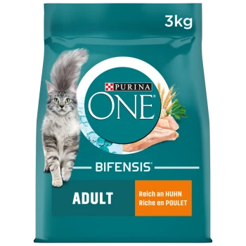 Sac de nourriture pour chat Purina ONE Bifensis, 3 kg, avec un chat gris duveteux, avec le texte "ADULT" et "Riche en Poulet".