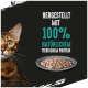 Nahaufnahme des Gesichts einer Bengal-Katze neben einem Teller mit Nassfutter, mit dem Text "Hergestellt mit 100% natürlichem tierischem Protein."