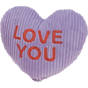 Lila geripptes, herzförmiges Haustierspielzeug mit rotem, gesticktem Text "LOVE YOU" auf der Vorderseite.