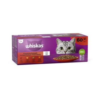Nassfutter Katze Adult 1+, Mixpaket, Klassische Auswahl in Gelee 60x85 g Whiskas Katzenfutterbox mit einer Nahaufnahme des Katzenkopfes und einer Schüssel mit Trockenfutter. Text lautet "Klassische Auswahl" und "100% hochwertige Zutaten."