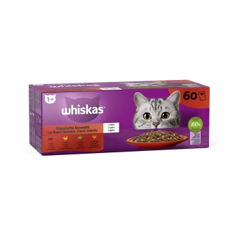 Whiskas Katzenfutterbox mit einer Nahaufnahme des Katzenkopfes und einer Schüssel mit Trockenfutter. Text lautet "Klassische Auswahl" und "100% hochwertige Zutaten."