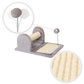 Grauer Katzenkratzbaum mit einem rollenden Zylinder, plüschiger Oberfläche und zwei hängenden Pompons; enthält eine strukturierte Kratzmatte.