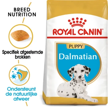 Royal Canin Dalmatian Puppy voedselzak met specifieke voeding voor het ras, met details over de vorm van de brokjes en claims over immuunondersteuning in het Nederlands.