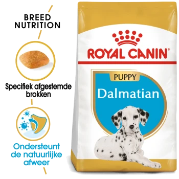 Royal Canin Dalmatian Puppy voedselzak met specifieke voeding voor het ras, met details over de vorm van de brokjes en claims over immuunondersteuning in het Nederlands.