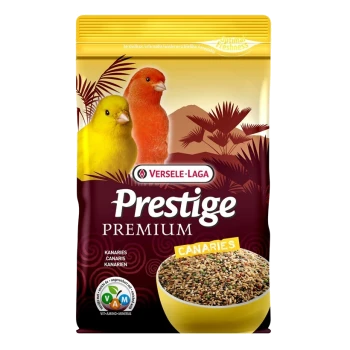 Un sac de nourriture pour oiseaux Versele-Laga Prestige Premium avec deux canaris colorés, un jaune et un rouge, avec un bol de graines mélangées.