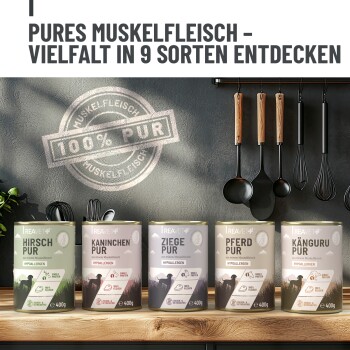 Dosen mit hypoallergenem reinem Muskelfleisch-Hundefutter für empfindliche Hunde, beschriftet mit Hirsch, Wildschwein, Ziege, Kaninchen, Ente, Pferd, Rind.