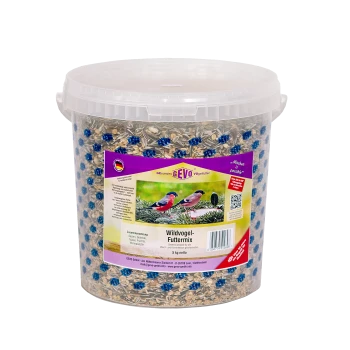Plastikeimer mit GEVO Wildvogel-Futtermix Vogelfutter mit Vogelbild und deutschem Text auf dem Etikett.