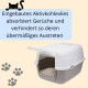 Graues geschlossenes Katzenklo mit Klappe, Pfotenmuster; deutscher Text besagt, dass ein eingebauter Aktivkohlefilter Gerüche absorbiert.