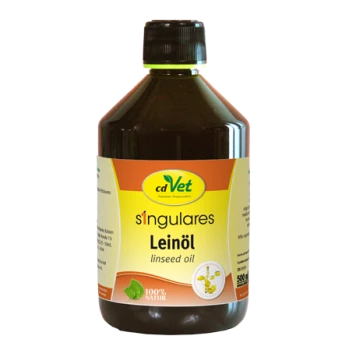 Flasche cdVet s'ingulares Leinöl mit einem grünen und gelben Etikett, das 100% natürlich, 500 ml anzeigt.