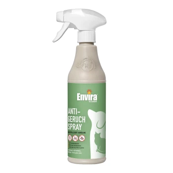 Eine Sprühflasche mit der Aufschrift "Envira Veterinary Anti-Geruch Spray" mit einem grünen Design, das eine Silhouette von einer Katze und einem Hund zeigt.