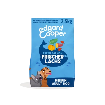 Blauer Edgard-&-Cooper-2,5-kg-Hundefuttersack: Fresh Salmon / Frischer Lachs, getreidefrei und hypoallergen, für mittelgroße erwachsene Hunde.