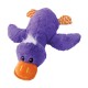 Jouet en peluche ornithorynque violet avec bec orange, pattes à chevrons orange, touffe blanche sur la tête et yeux noirs.
