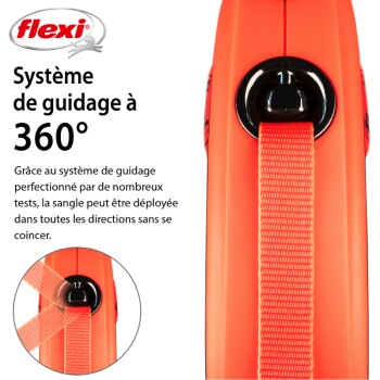 Image d'une laisse de chien flexi orange vif avec un système de guidage à 360°, avec un texte expliquant son design sans enchevêtrement.