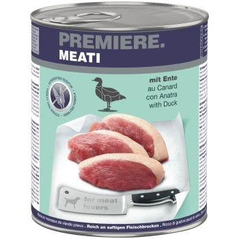 Boîte d'aliment pour animaux PREMIERE MEATI étiquetée « with Duck » montrant des tranches de canard cru, badge sans céréales et hachette « for meat lovers ».