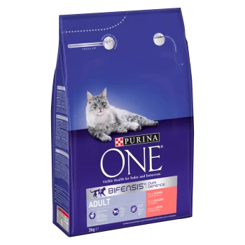 Purina ONE cat food bag, 3kg, featuring a gray cat on the front, labeled "Bifensis Dual Defence" and "Adult," with "Rich in Salmon" highlighted.