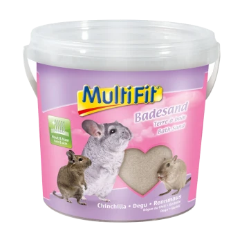 Conteneur de sable de bain MultiFit pour petits animaux, avec un chinchilla, un degu et un gerbille sur un fond rose, étiqueté en plusieurs langues.