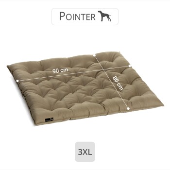 Ein großes, plüschiges Hundebett in hellbrauner Farbe, mit den Maßen 90 cm mal 80 cm, gekennzeichnet als "3XL" und mit "Pointer" gebrandet.