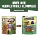 Obraz przysmaków dla psów Purina Adventuros Hirsch Strips z dwoma opakowaniami: niskotłuszczowy smak jelenia i smak dzikiego jelenia, oba z psami.
