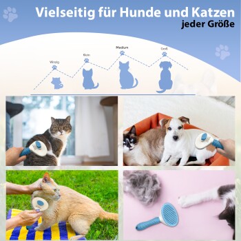 Bild eines Haustierpflegewerkzeugs, das bei verschiedenen Katzen und Hunden verwendet wird. Der Text lautet: 'Vielseitig für Hunde und Katzen jeder Größe.'