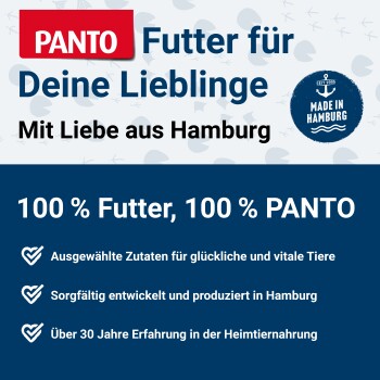 PANTO Tiernahrungsanzeige mit dem Slogan "Futter für Deine Lieblinge" und Highlights von 100% Qualitätszutaten, hergestellt in Hamburg.
