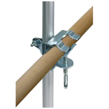 Metalowy zacisk mocujący drewniany pręt do pionowego aluminiowego słupa, pokazujący solidny design do celów montażowych.