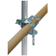 Metal clamp securing a wooden rod to a vertical aluminum pole, showcasing a sturdy design for mounting purposes.
