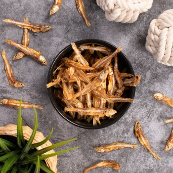 Eine schwarze Schüssel, gefüllt mit getrockneten Fischleckerlis, steht auf einer grauen Oberfläche, umgeben von verstreuten Fischen und einer kleinen grünen Pflanze.