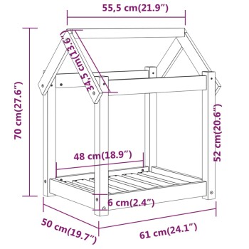 Illustration eines Haustiers mit beschrifteten Abmessungen: Höhe 70 cm, Breite 55,5 cm, Tiefe 50 cm, mit einem geneigten Dachdesign.