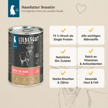 Dose Liebesgut Nassfutter 'Sensitiv' ('Hirsch für Hunde') mit Angaben '75% Hirsch' und 'Natürliche Bio-Zutaten'.