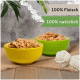 Zwei Schalen mit Haustierfutter, eine gelbe und eine grüne, gefüllt mit stückigem Fleisch, mit Textetiketten "100% Fleisch" und "100% natürlich" auf einem rustikalen Hintergrund.