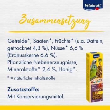 Vitakraft-Vogel-Leckerli-Verpackung mit einer bunten Box und zwei Vögeln, die Zutaten wie Körner, Früchte, Nüsse und Honig auflistet.