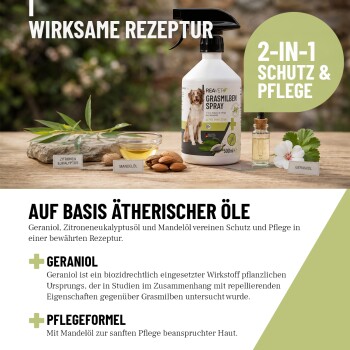 Ein verspielter Hund springt durch ein grasbewachsenes Feld, mit Textüberlagerung, die besagt "MIT EXPERTEN ENTWICKELT" und "Hergestellt in Deutschland."