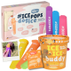 Bunte Eis-Pop-Formen für Hunde in einer Box, beschriftet mit "#ICEPOPS dogice", mit einem Foto eines Hundes, der eine Leckerei genießt, und einem Topping-Paket.