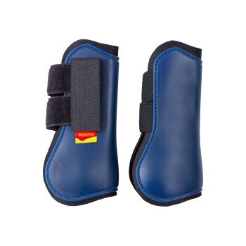 Blaue Pferdeschutzstiefel mit schwarzen Riemen, mit einem roten und gelben 'GOLDHORSE'-Etikett.