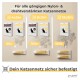 Piupet-Katzennetz-Kits mit Clips und Silikon; deutscher Text 'Für alle gängigen...Katzennetze'; Größen 4/8/12 × 3 m.